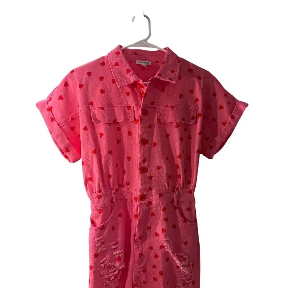 Mainstrip Romeo Heart Denim Distressed Romper Pink with Red Hearts Size S EUC